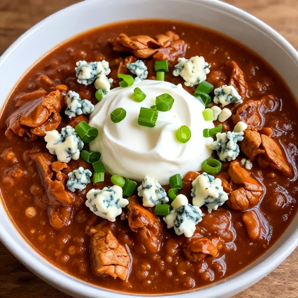 Buffalo Chicken Chili served in a bowl with blue cheese crumbles