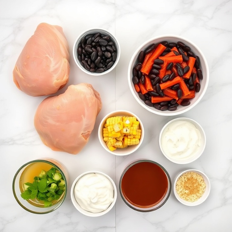 Raw ingredients for Slow Cooker Buffalo Chicken Chili on a wooden surface
