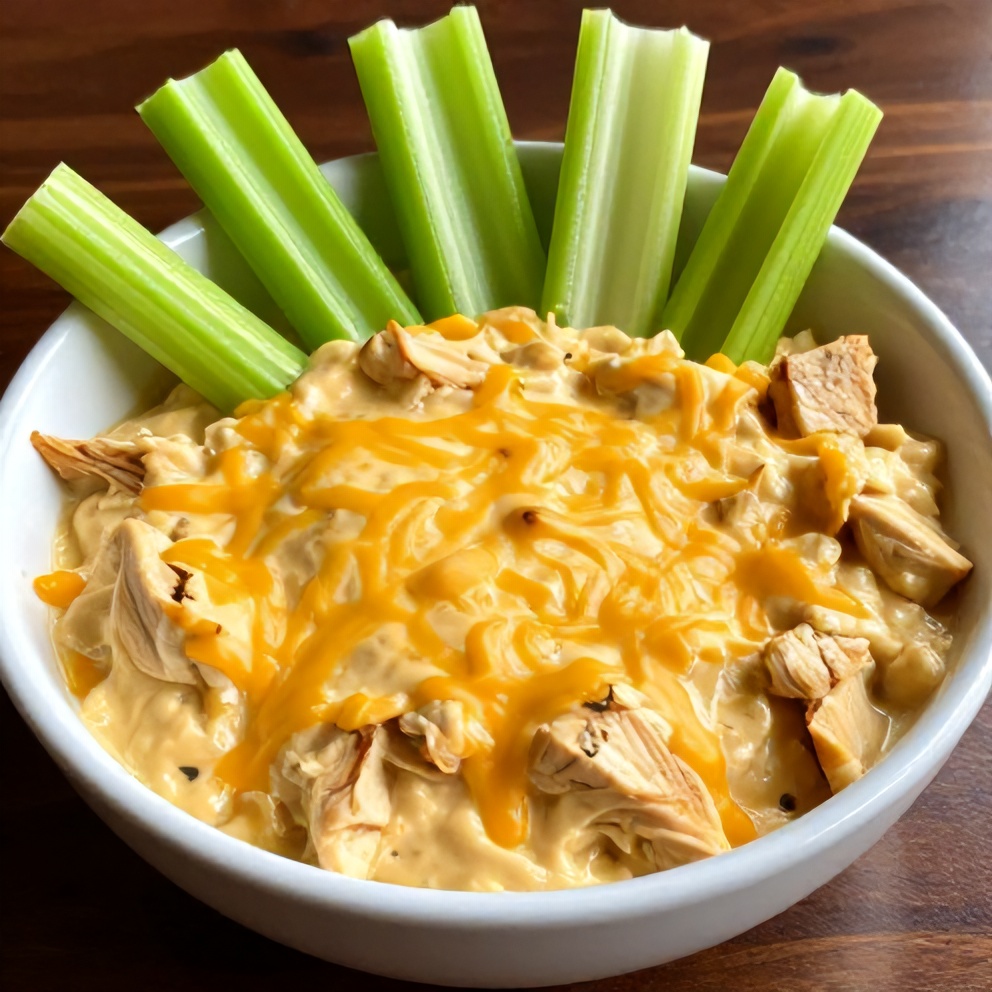 Plated serving of buffalo chicken dip with celery sticks