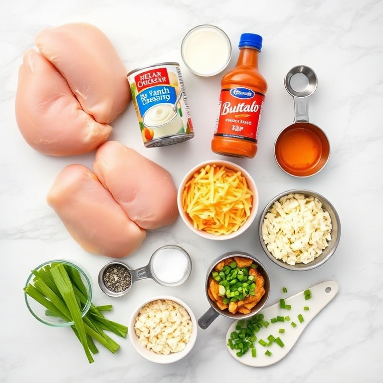Raw ingredients for buffalo chicken dip laid out