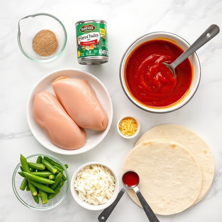 Raw ingredients for Slow Cooker Chicken Enchiladas: chicken breasts, canned green chilies, enchilada sauce, cheese, tortillas