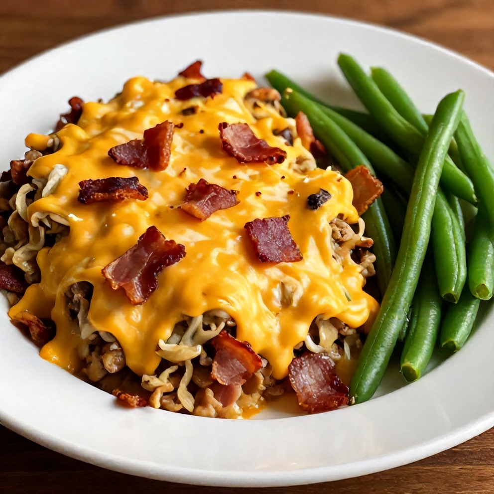Plated serving of Easy Slow Cooker Cowboy Casserole with a side of green beans