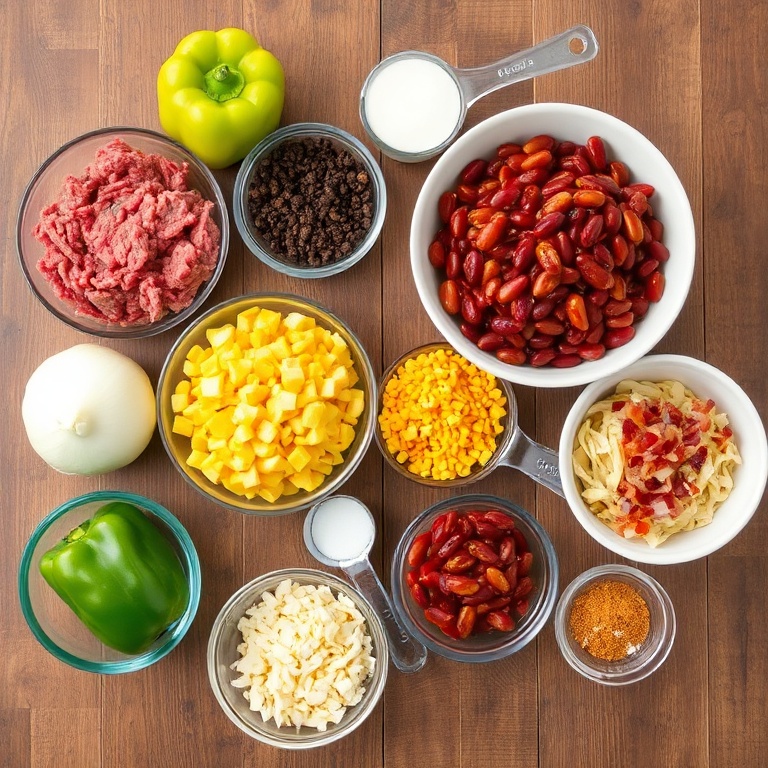 Raw ingredients for Easy Slow Cooker Cowboy Casserole laid out on a wooden surface