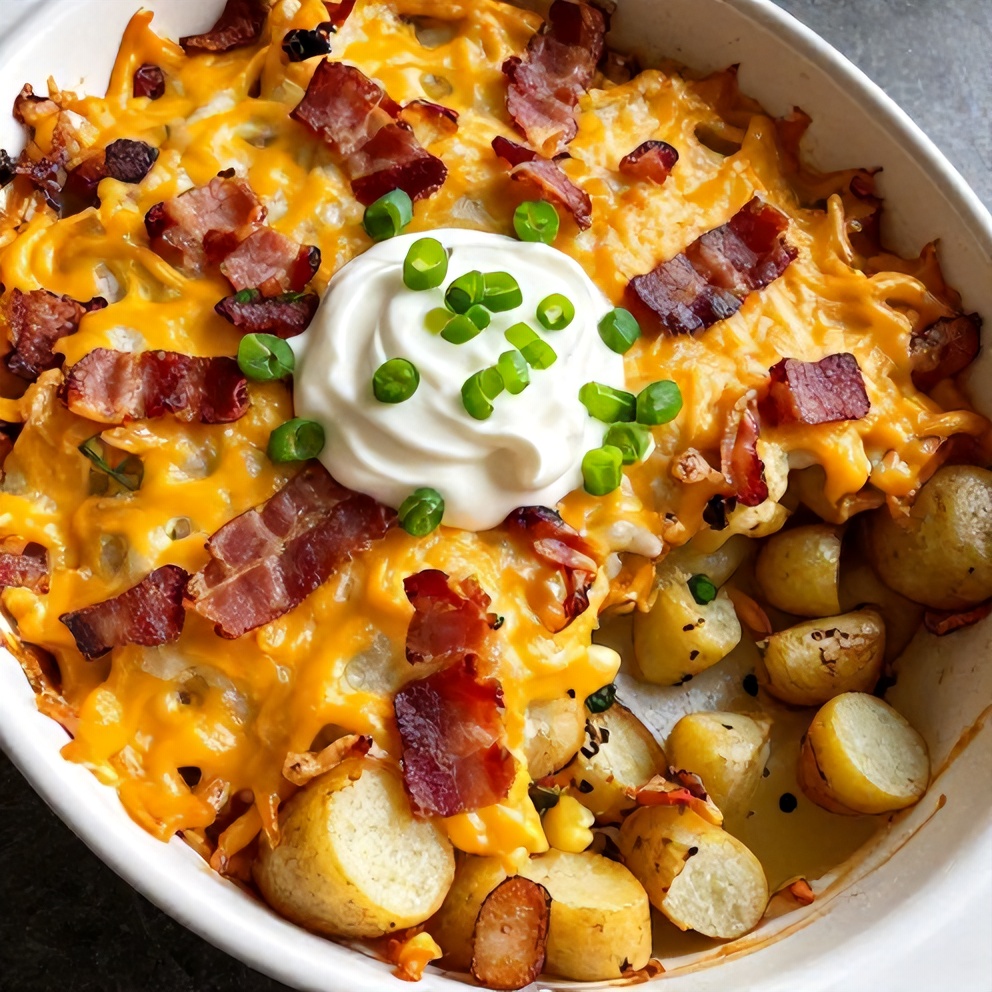 Plated serving of Slow Cooker Cowboy Potato Casserole