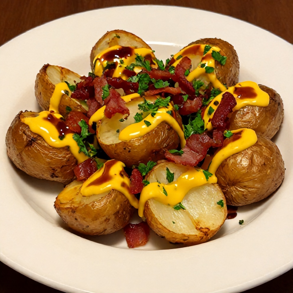 Plated smoked baby potatoes with beer mustard and BBQ rub