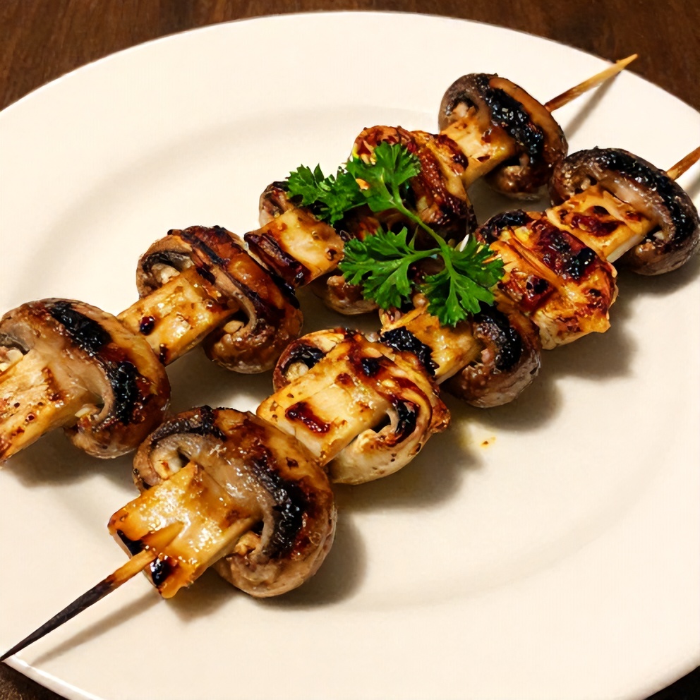 Plated smoky grilled mushroom skewers with parsley garnish