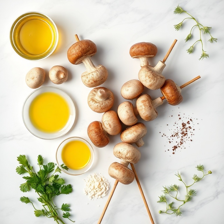 Raw mushrooms, skewers, olive oil, garlic, and herbs laid out on a wooden board