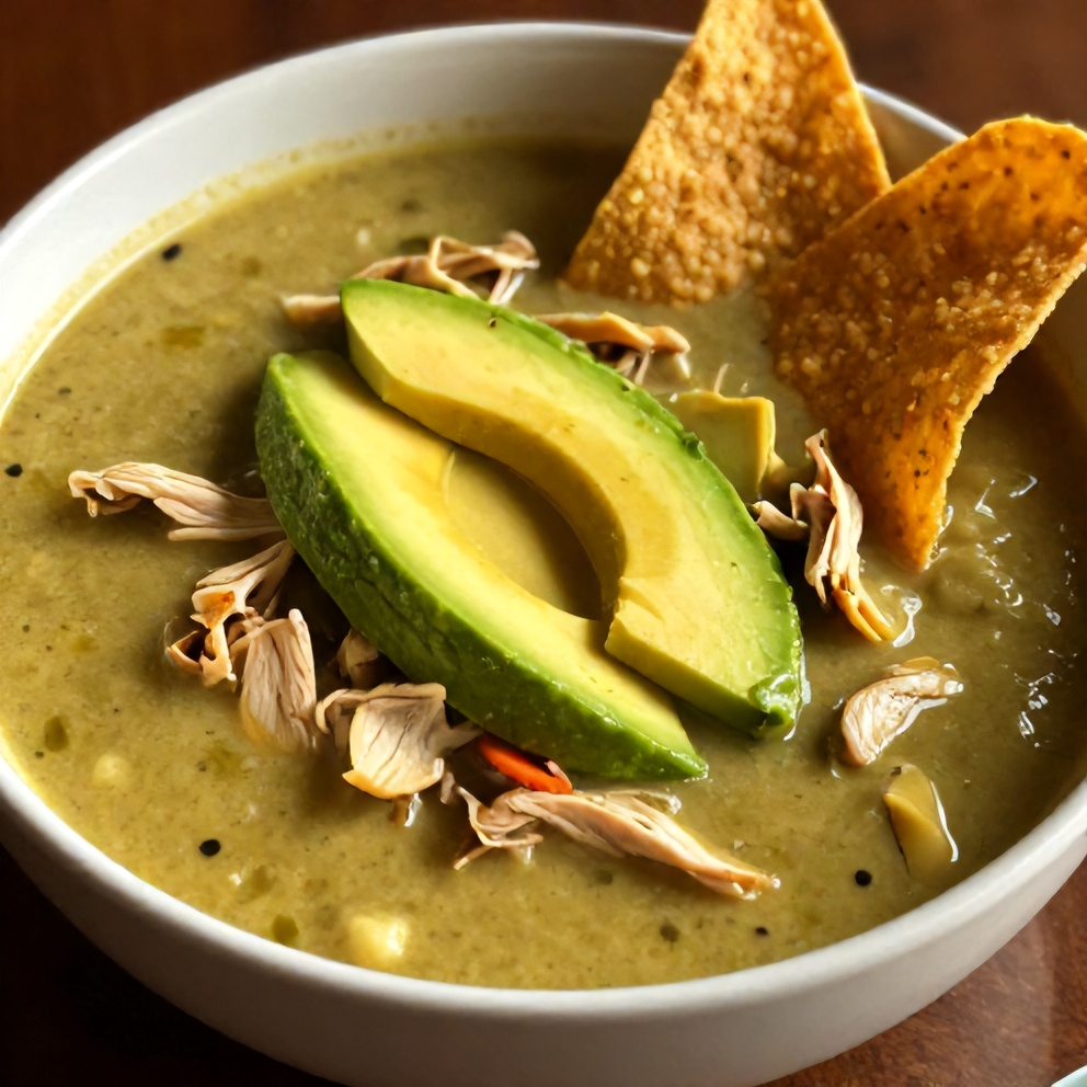 Bowl of Southwest Chicken Soup with avocado slices and tortilla strips