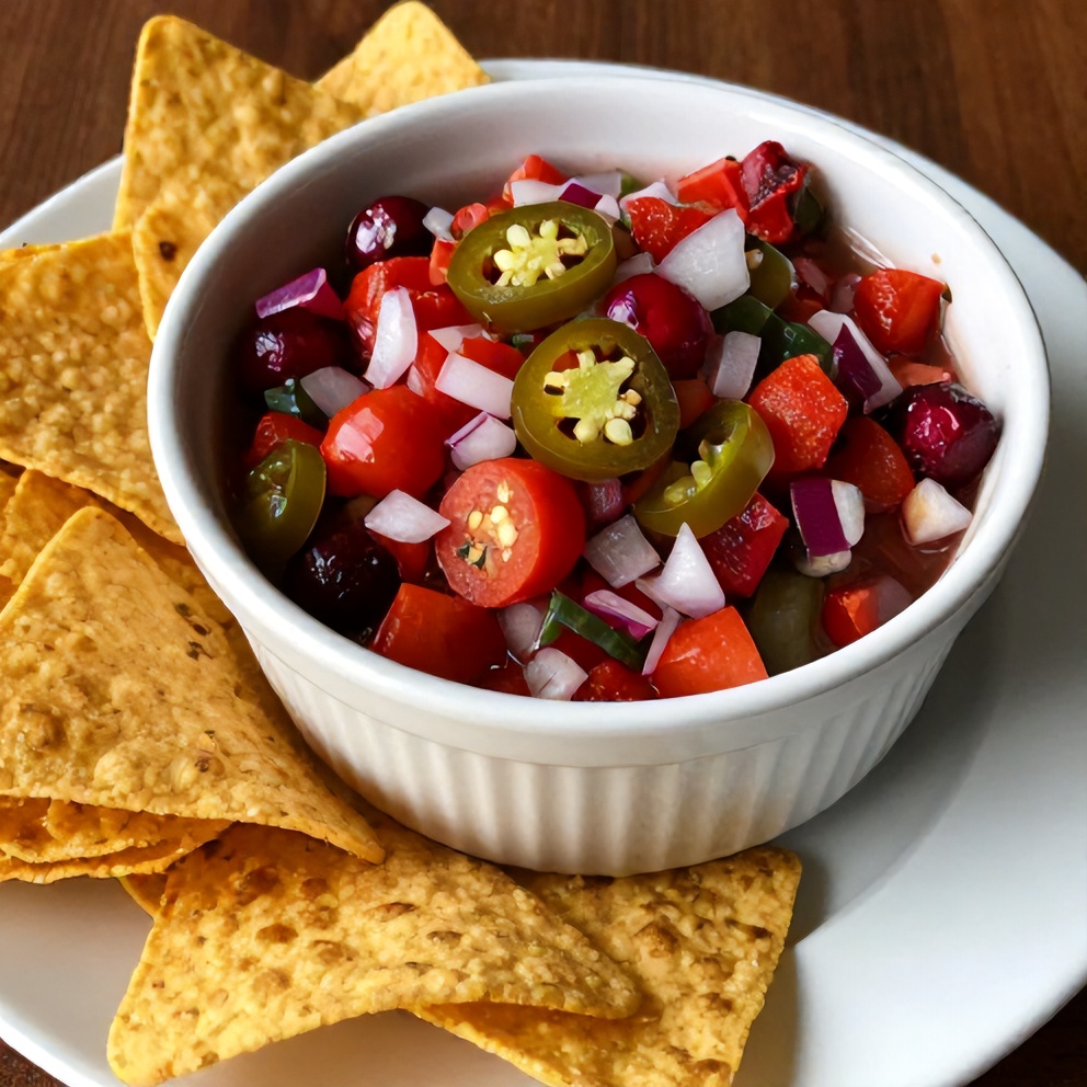 Spicy Cranberry Salsa served in a bowl with tortilla chips