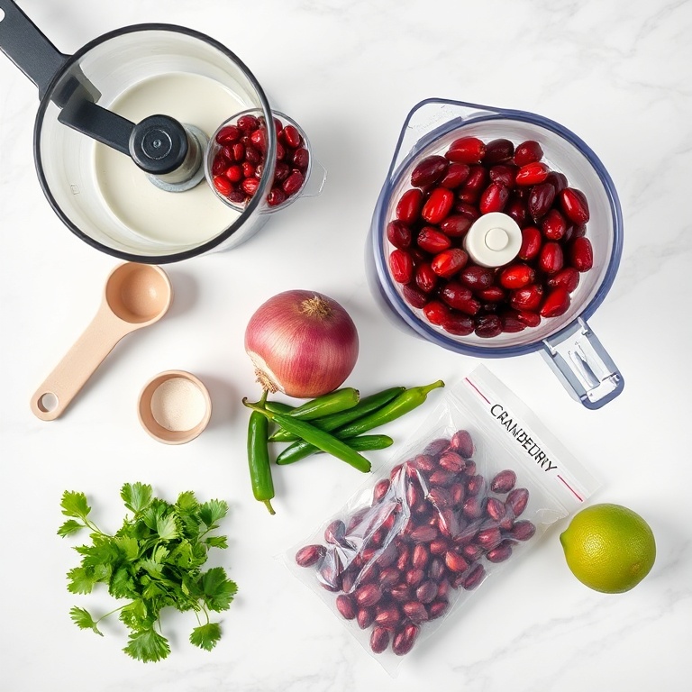 Cranberries, jalapeño, onion, cilantro, lime on a white marble surface