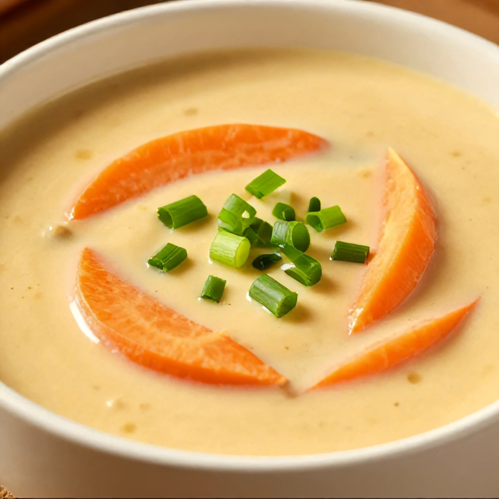 Bowl of Spicy Miso Carrot Soup with a sprinkle of green onions