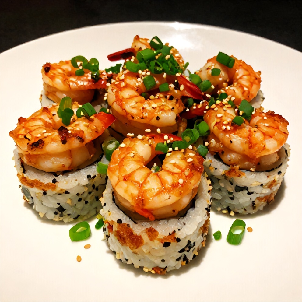 Plated Spicy Shrimp Sushi Stacks with Fresh Garnish
