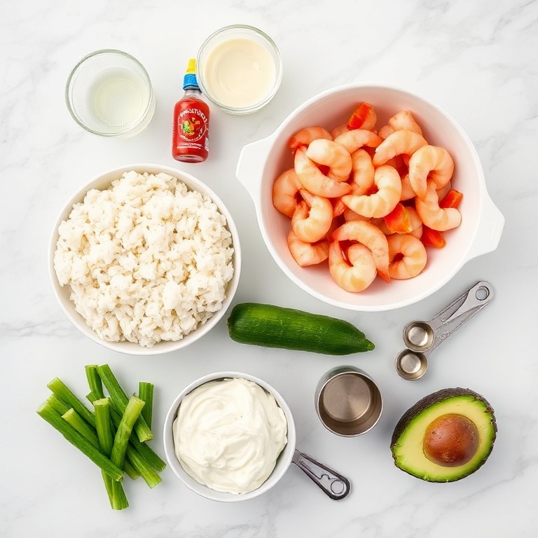 Raw Ingredients for Spicy Shrimp Sushi Stacks on a Marble Surface