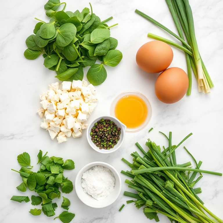 Spinach, feta cheese, eggs, and green onions arranged on a white marble surface