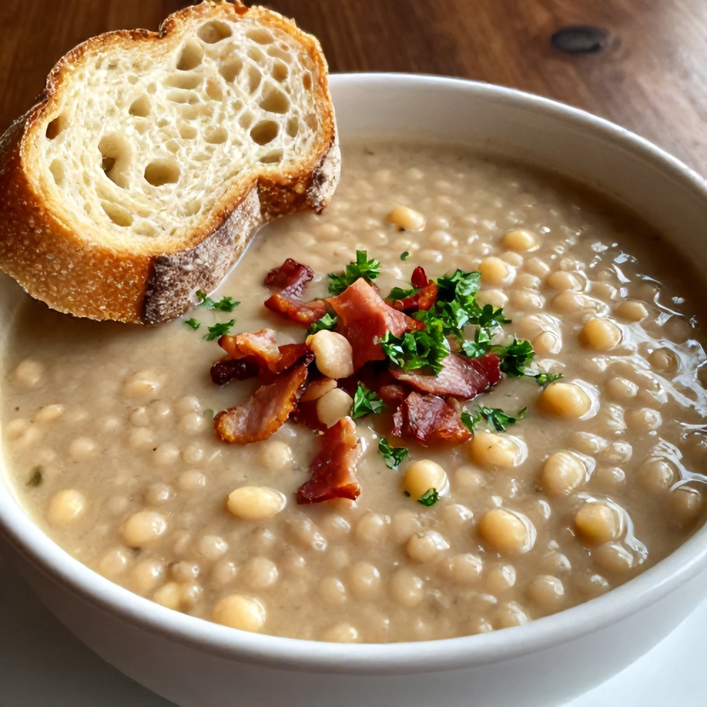 Bowl of Split Pea Soup with Crusty Bread