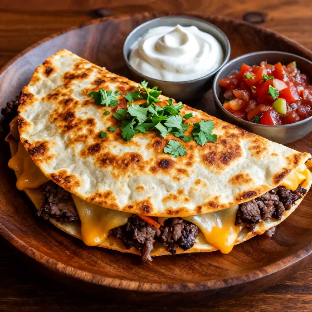 Close-up of a perfectly plated steak cheese quesadilla
