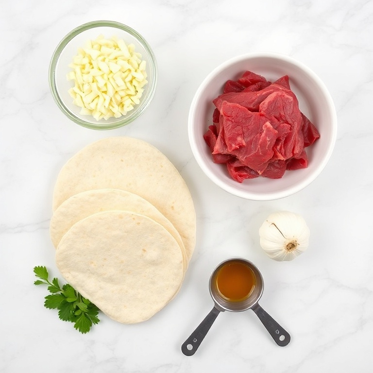 Raw ingredients for steak cheese quesadillas on a marble surface
