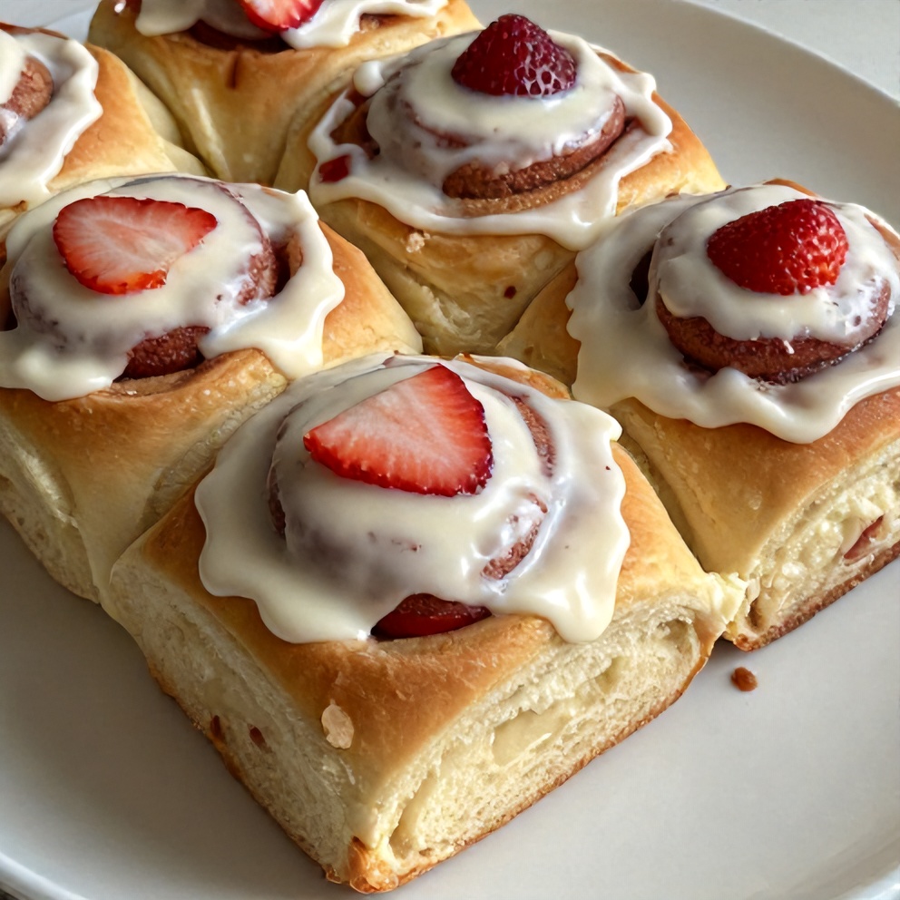 Plated Easy Strawberry Cinnamon Rolls with Cream Cheese Glaze