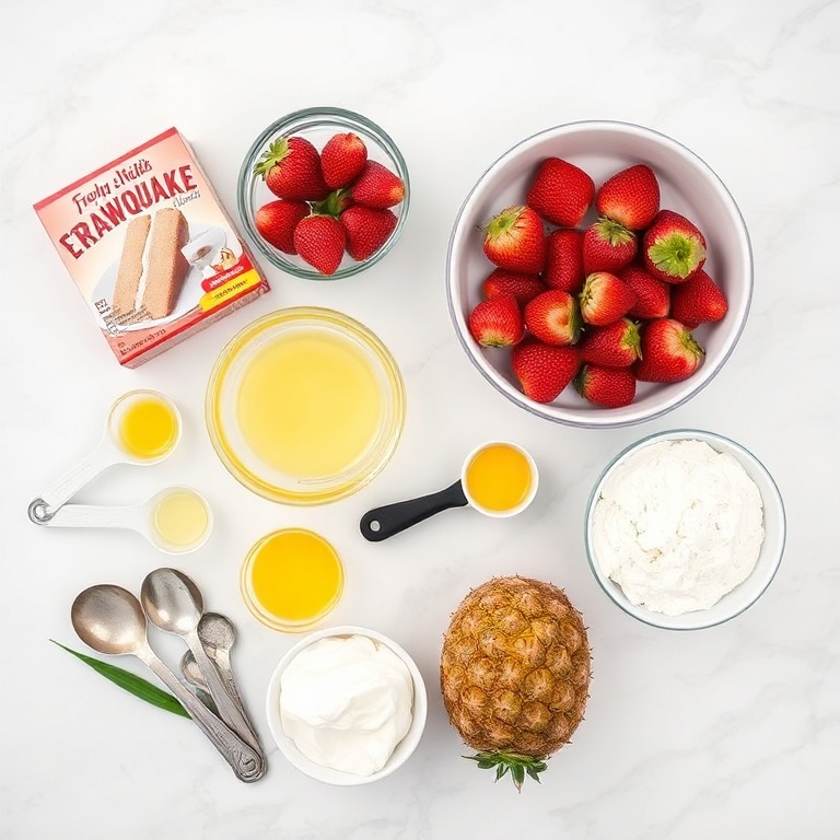 Raw ingredients for Strawberry Earthquake Cake arranged on a white marble surface