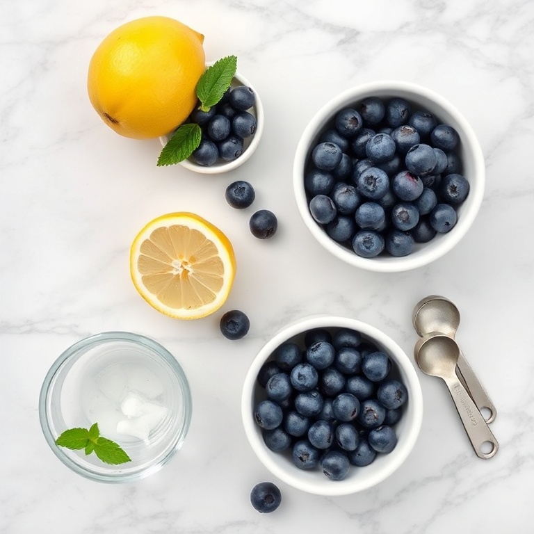 Blueberries, lemon, water, and sugar on a marble surface
