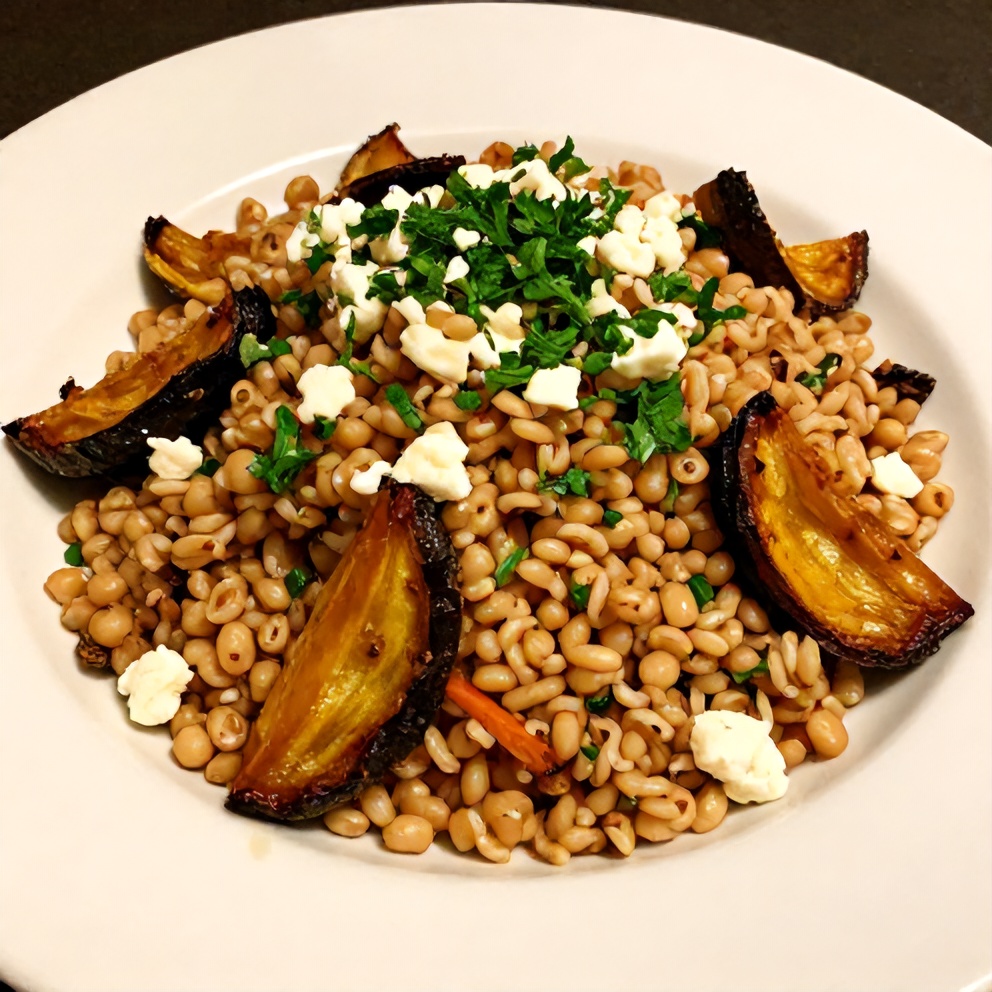 Plated farro salad with roasted vegetables