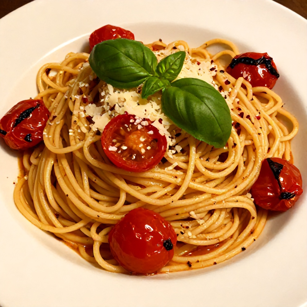 Plated Easy Summer Pasta with Roasted Cherry Tomatoes and Basil