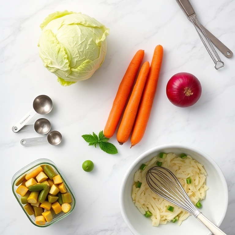 Ingredients for Sweet and Spicy Pickle Slaw laid out