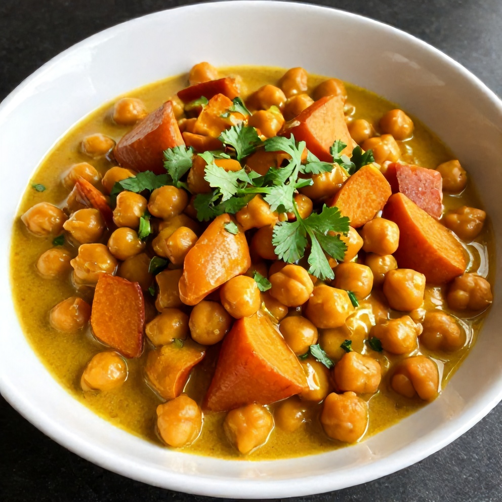 Plated serving of Sweet Potato Chickpea Curry on a white bowl, garnished with fresh cilantro, with warm side lighting showing the creamy sauce and tender vegetables.