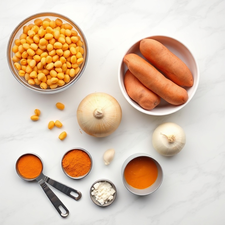 Overhead flat lay of canned chickpeas, sweet potatoes, onion, garlic, and curry powder, with measuring spoons and prep bowls on a white marble surface.