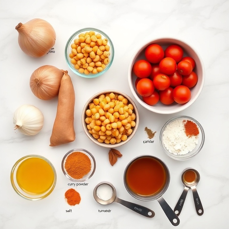 Ingredients for Sweet Potato Chickpea Curry on a wooden surface