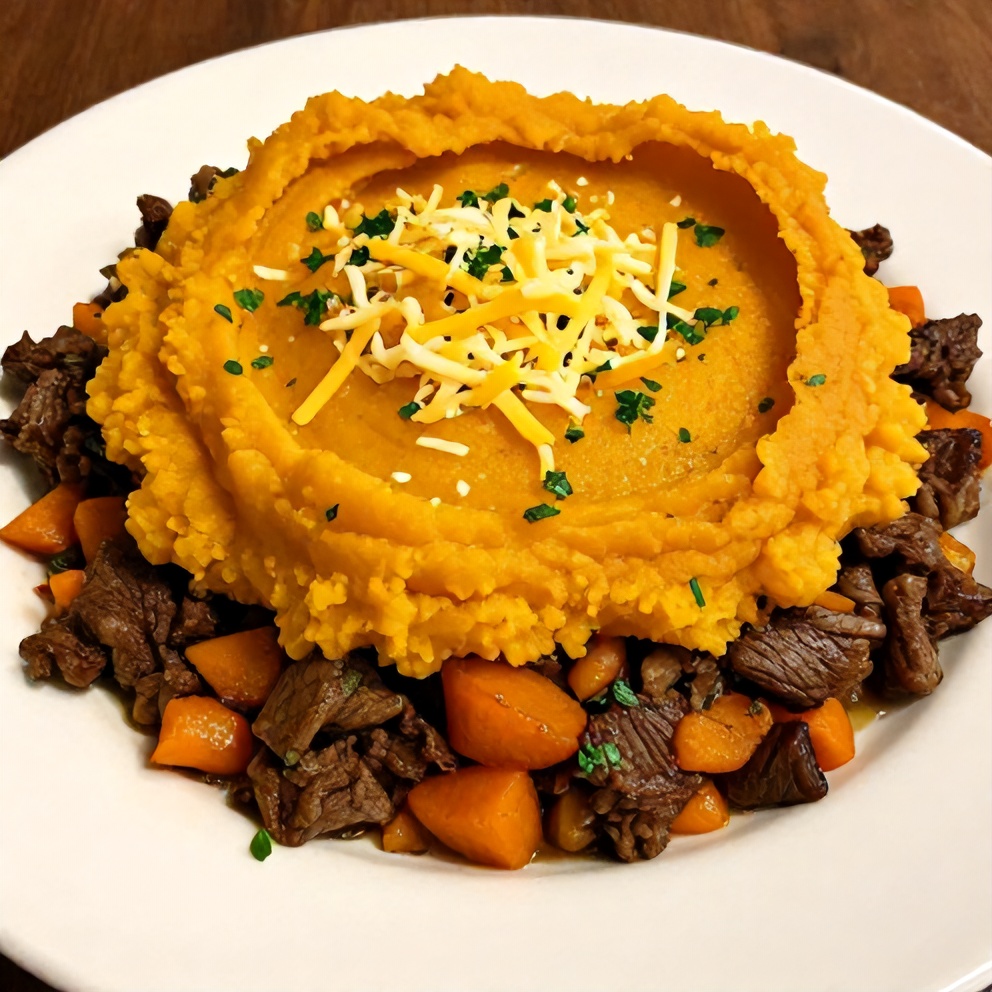 A serving of Easy Sweet Potato Shepherd’s Pie on a white plate