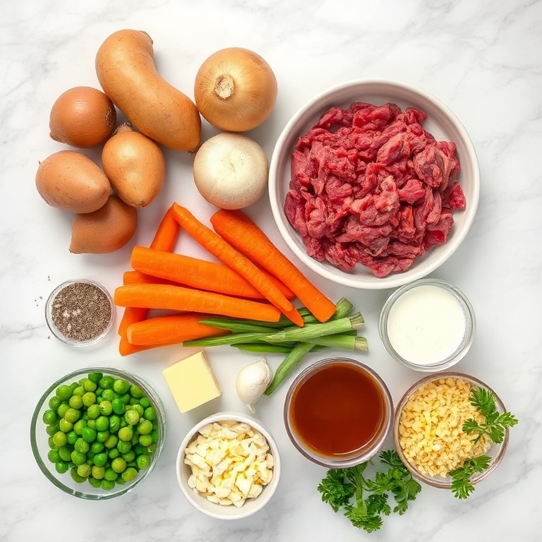 Raw ingredients for Easy Sweet Potato Shepherd’s Pie on a marble counter