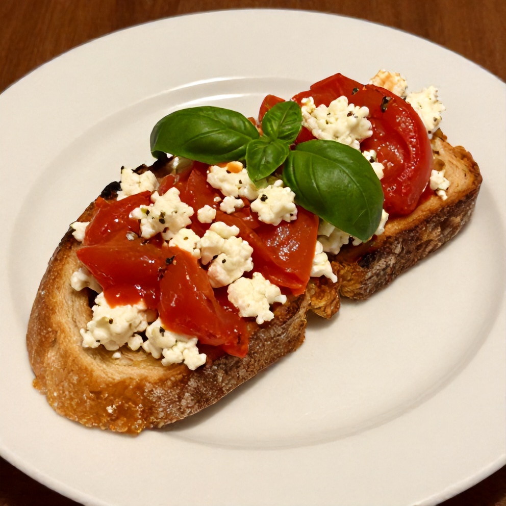 Plated tomato and cottage cheese toast with fresh basil garnish