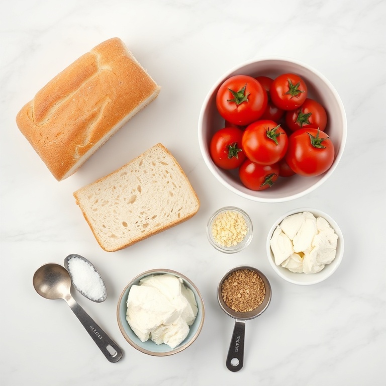 Raw ingredients for tomato and cottage cheese toast: bread, tomatoes, cottage cheese, salt, pepper, garlic powder