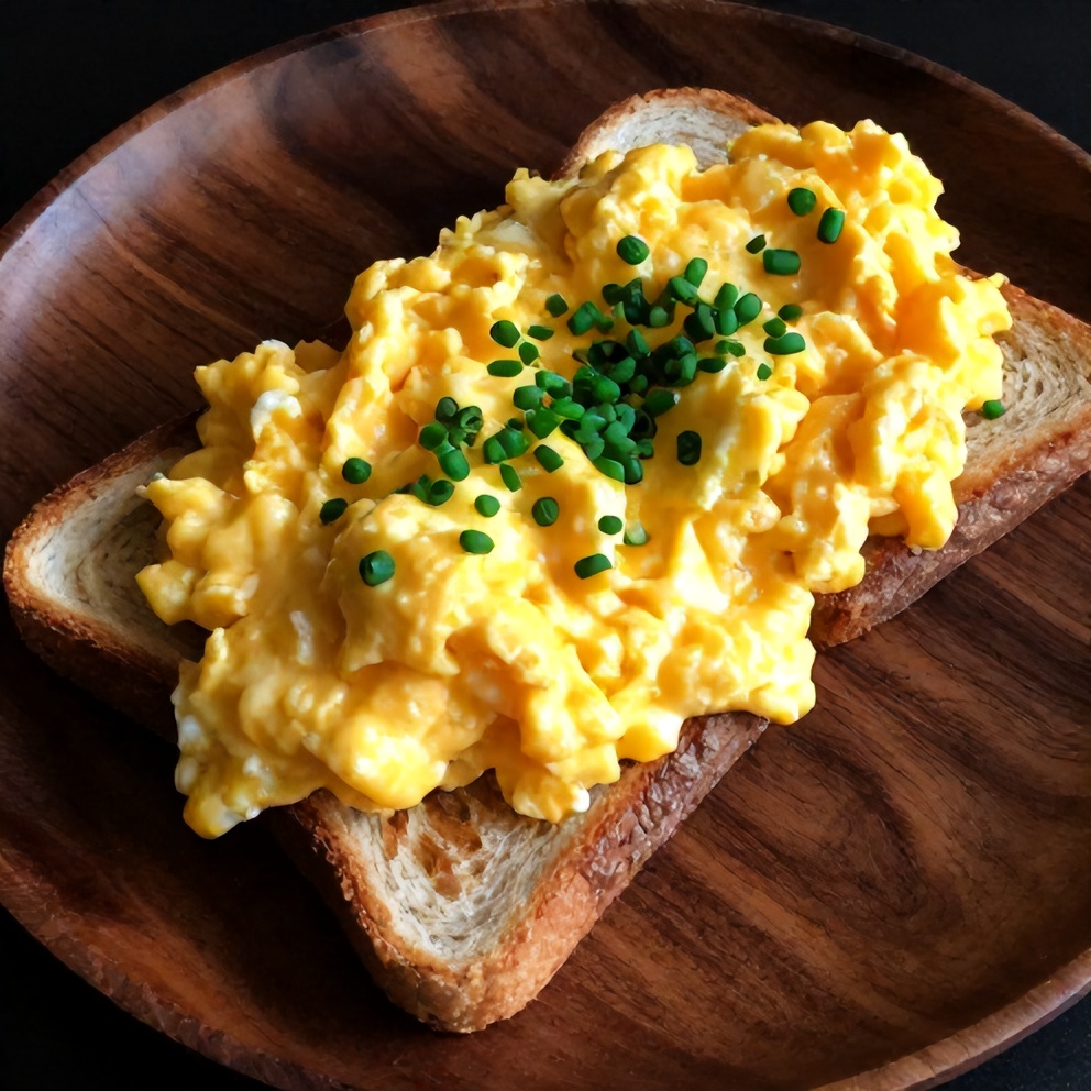 Veggie scrambled eggs on toast with a sprinkle of chives