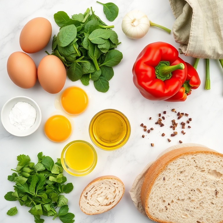 Raw ingredients for veggie scrambled eggs: eggs, spinach, bell peppers, onions, salt, pepper, olive oil, and bread