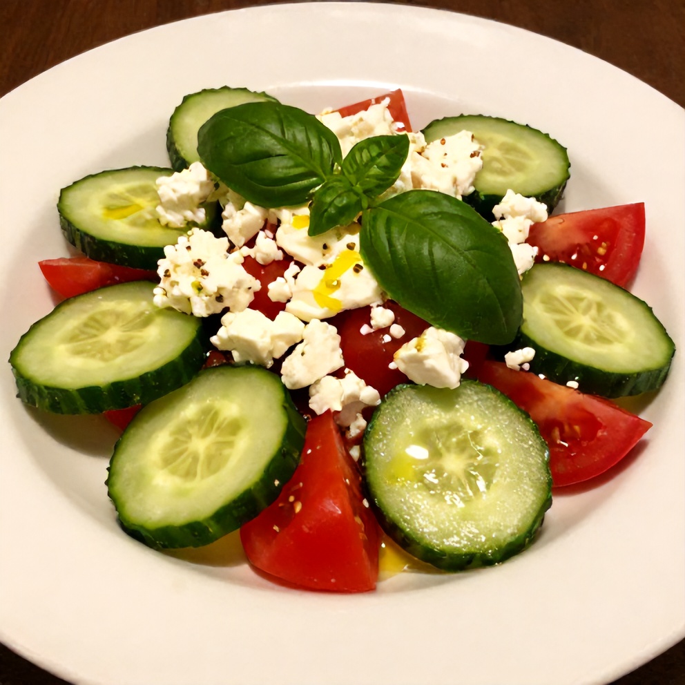 Plated Fresh Cucumber Tomato Feta Salad with fresh basil and a drizzle of olive oil