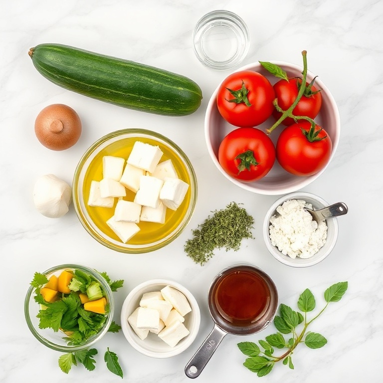 Raw ingredients for Fresh Cucumber Tomato Feta Salad on a white marble surface