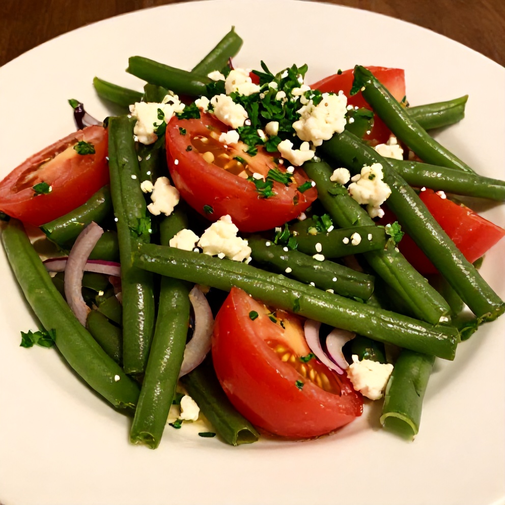 Plated fresh green bean and tomato salad