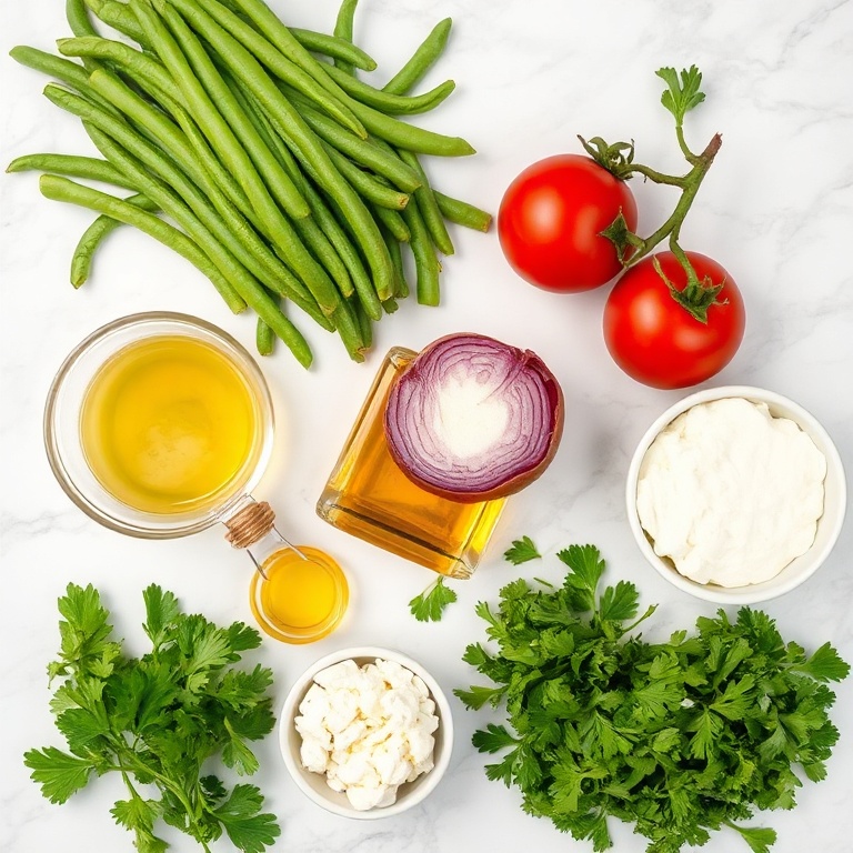 Raw ingredients for fresh green bean and tomato salad