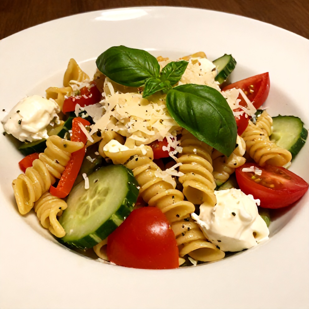 Plated Fresh Italian Pasta Salad with Mozzarella and Veggies
