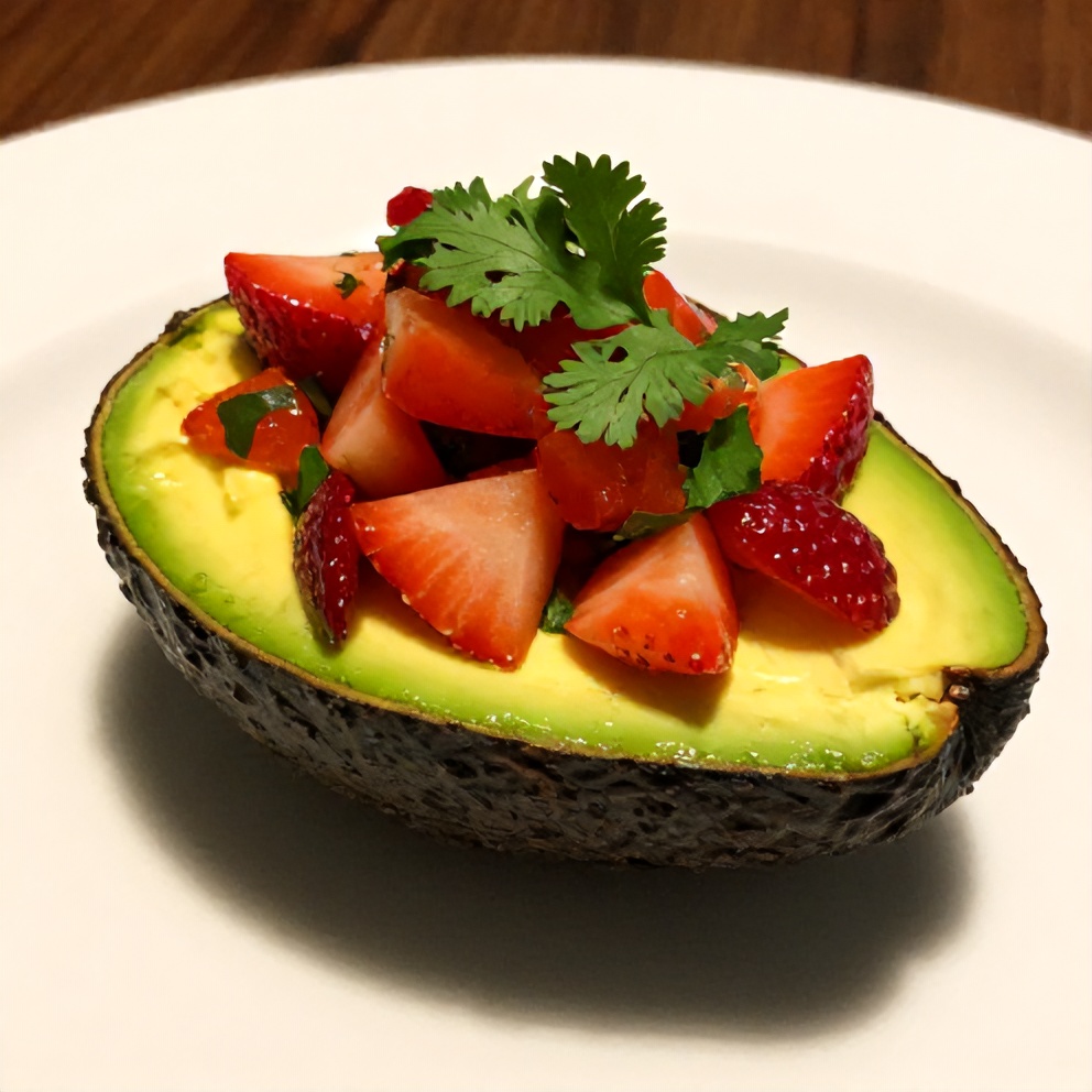 Fresh Strawberry Salsa Stuffed Avocado on a white plate