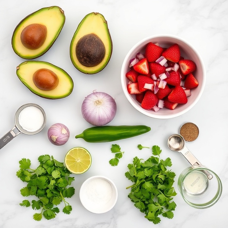 Raw ingredients for Fresh Strawberry Salsa Stuffed Avocados on a white marble surface