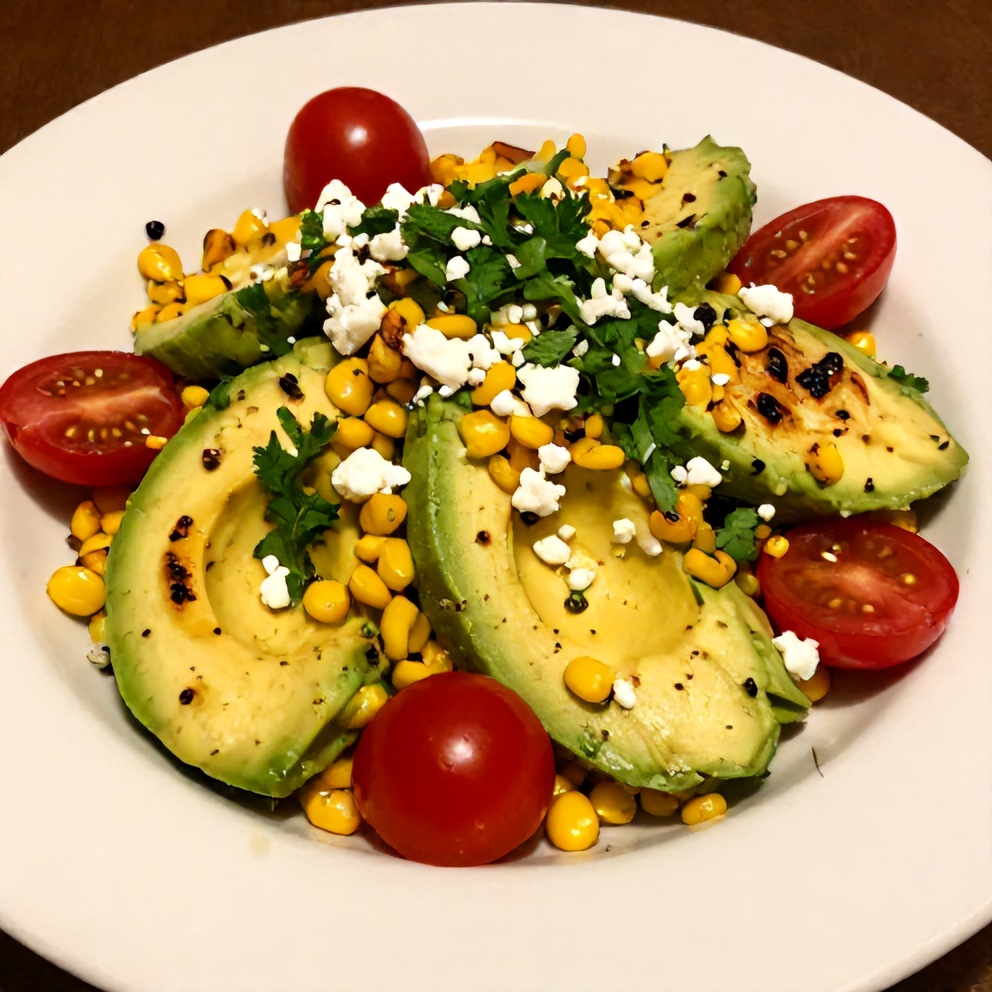 Plated Grilled Corn Avocado Salad with Cherry Tomatoes