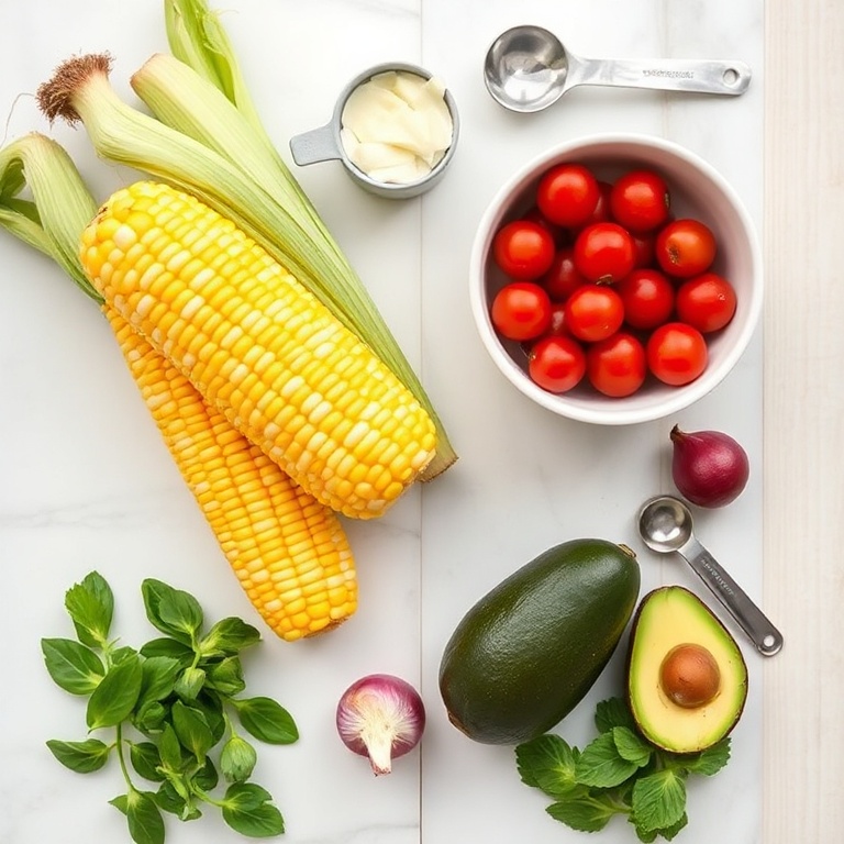 Raw ingredients for Grilled Corn Avocado Salad
