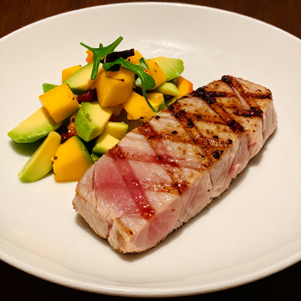 Plated grilled tuna steak with fresh mango avocado salsa
