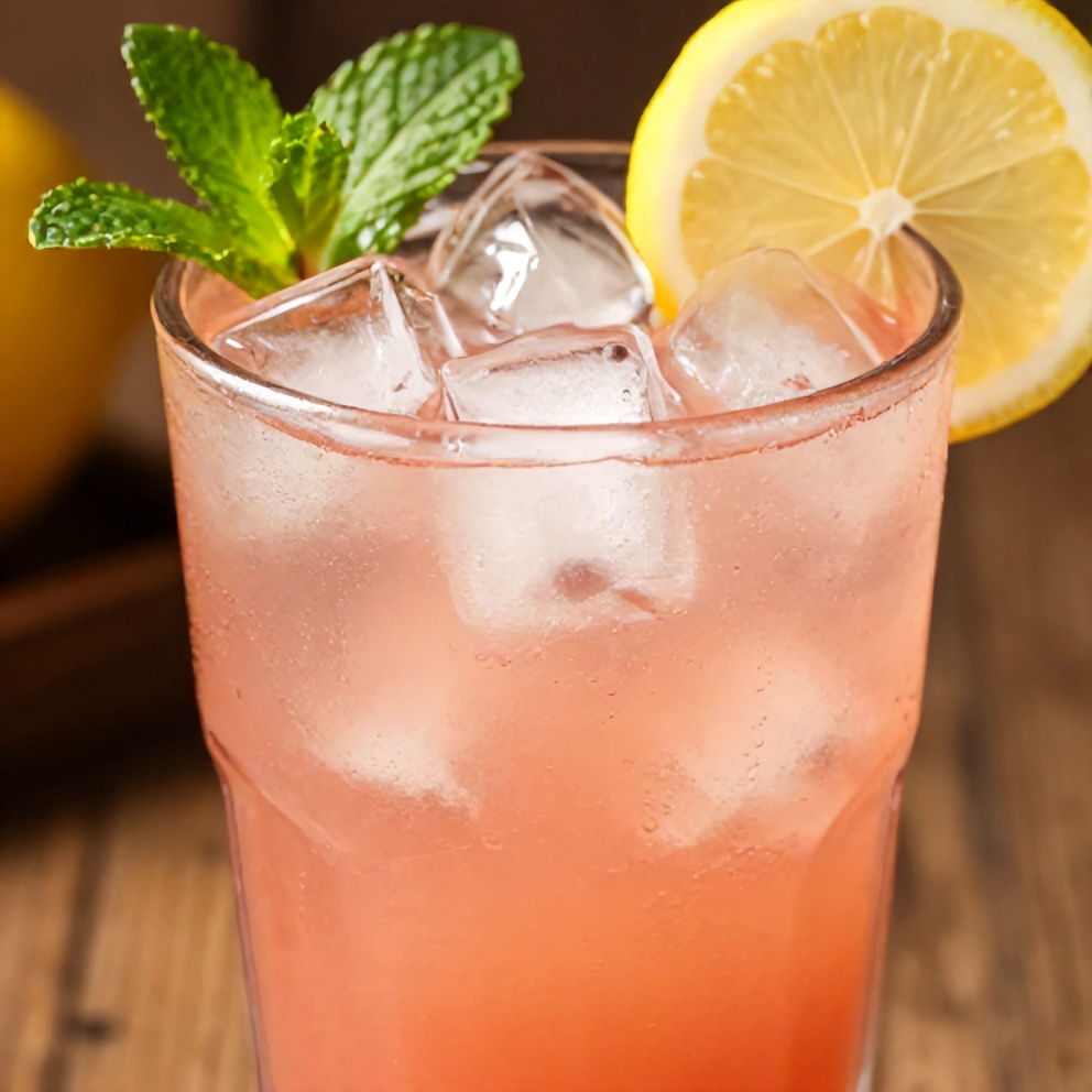 Guava White Tea Lemonade in a glass with ice cubes