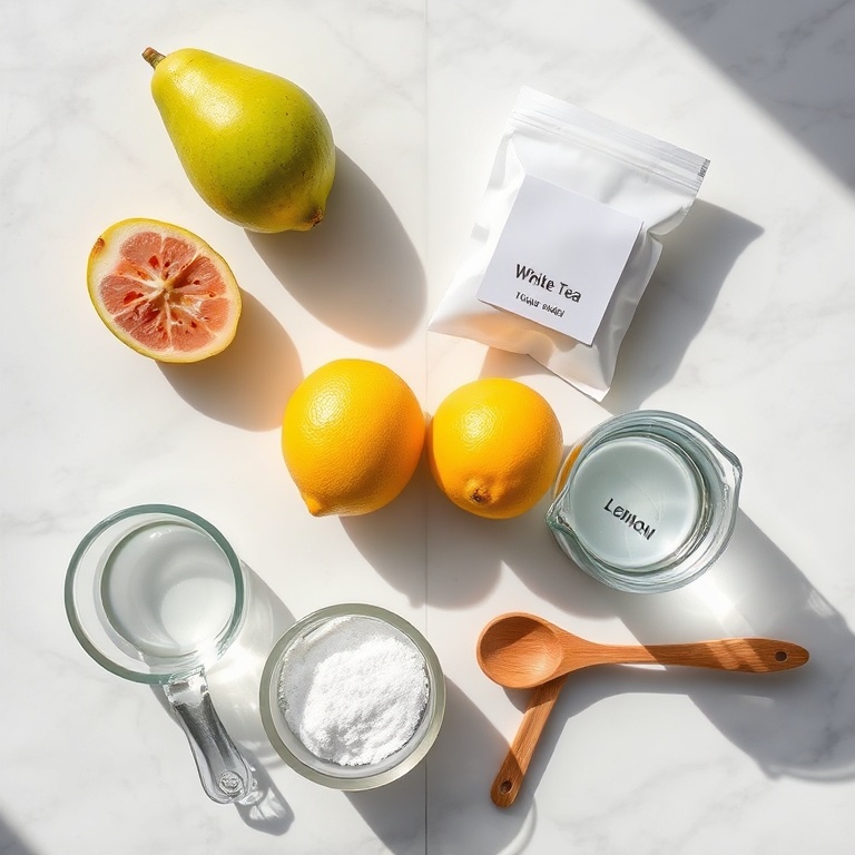 Guava, white tea bags, lemons, sugar, and water on a wooden surface