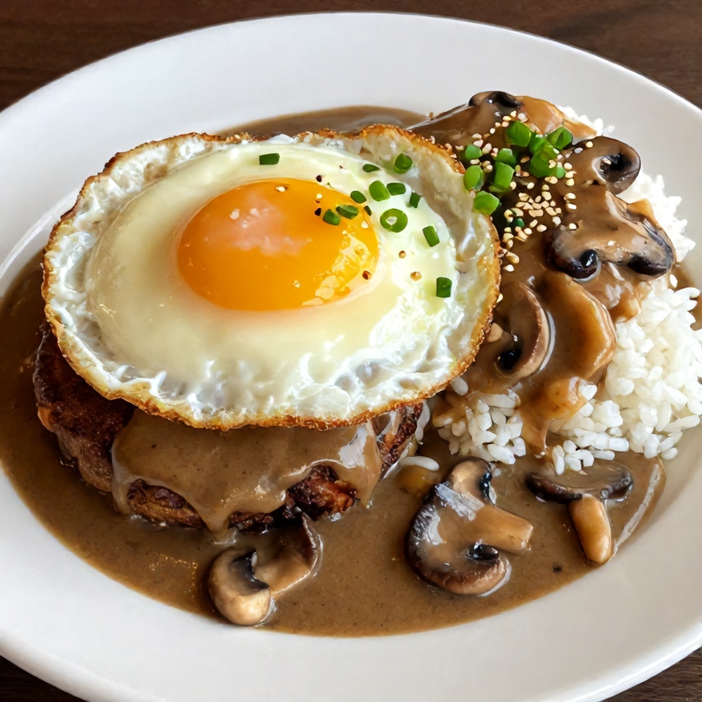Plated Hawaiian Loco Moco with Mushroom Gravy