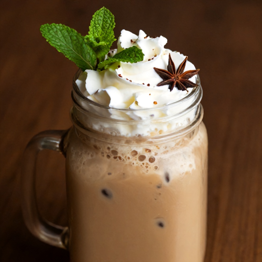 Hibiscus cardamom iced latte served in a mason jar with a straw